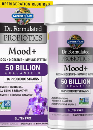 Garden of Life Probiotics Mood+ Dr Formulated Acidophilus Probiotic Supplement - Promotes Emotional Well-Being, Relaxation and Digestive Balance - Ashwagandha for Stress Management, 60 Veggie Caps