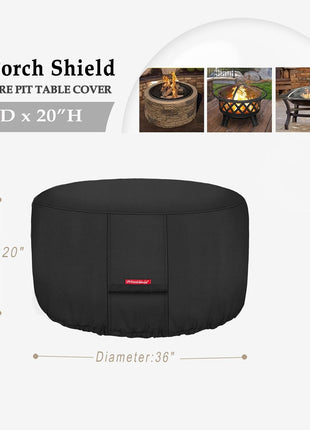 Porch Shield Fire Pit Cover - Waterproof 600D Heavy Duty Fade Resistant Round Patio Fire Bowl Cover Black - 36 inch