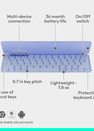 Logitech Keys-to-GO 2 Portable Bluetooth Tablet Keyboard with Built-in Cover, Slim & Compact Wireless Keyboard for Windows, Android, Linux, iPad, iPhone, Mac, Apple TV - Lilac