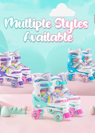 Rainbow Unicorn 4 Size Adjustable Roller Skates for Girls Boys for Kids Ages 3-5 5-8 6-12 Children Skates Indoor Outdoor