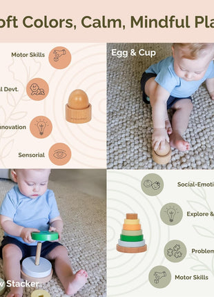 Jackie & Vancie Montessori Toy Set for Babies 7-12 Months Play Kit 6-in-1 Wooden Learning Toys with Object Permanence Box, Ring Stacker, Egg & Cup, Multipurpose Blocks and Mirror Puzzle