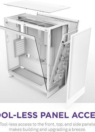 NZXT H7 Flow - Mid-Tower ATX Airflow PC Case - White | Airflow-first ATX mid-tower. Bottom-mount fans for direct GPU cooling, 420mm front radiator support, clean cable routing.