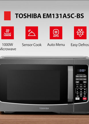 TOSHIBA EM131A5C BS Countertop Microwave Ovens 1.2 Cu Ft, 12.4 inch Removable Turntable Smart Humidity Sensor 12 Auto Menus Mute Function ECO Mode Easy Clean Interior Black Color 1000W