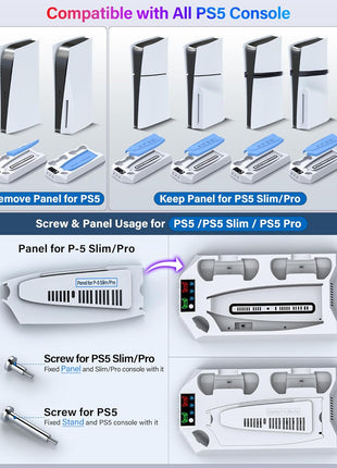PS5/PS5 Slim/PS5 Pro Stand and Cooling Station with Dual Controller Charging Station for PlayStation 5 Console, PS5 Accessories Incl. Controller Charger, Cooling Fan, Headset Holder, 3 USB Hub, White
