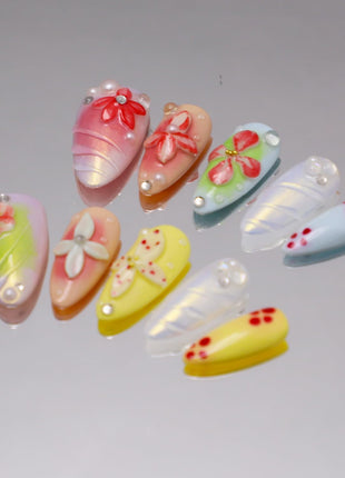 Handmade Medium Almond Nails Thick Press on Nails Aurora Colourful Fake Nails with 3D Tropical Flower Art Design Reusable Acrylic False Nails, Nature Stick on Nail for Wome (Size S)