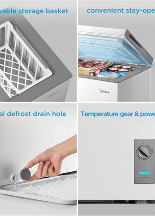 Midea MERC04C4BAWW Chest Freezer, 3.5 Cubic Feet Freezer With Removable Basket, Interior LED Light, Adjustable Temperature, For Kitchen Apartment Office, White
