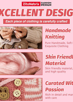 5-Pcs Handmade Crochet Doll Clothes for 15-17cm Plushies, Aesthetic Pink Knitted Set with Bear Velvet Hat, Canvas Shoes & Bag - Soft Dress-up Gear for Art Figures, Idol & Cotton Styles (No Doll)
