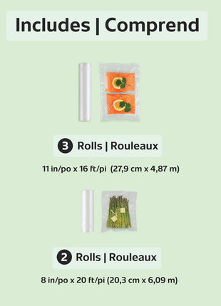 FoodSaver Custom Length Vacuum Sealer Bags Multipack, 5 Count Rolls for Airtight Food Storage and Sous Vide   Compatible with FoodSaver, 8 (2 Pack) and 11 (3 Pack)