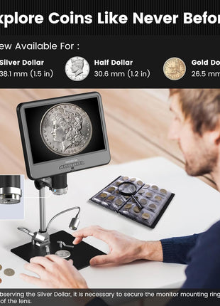 Andonstar AD210 10.1 Inch LCD Digital Microscope for Soldering, Coin | Microscope for Electronics Repair, Coin Microscope Camera Full View for Error Coins with Light, Slides Kit, 32G Card