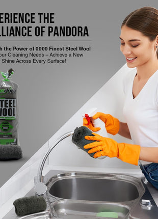 Pandora Steel Wool #0000 - Finest Grade, 16 Pads for Buffing and Cleaning - Quality Metal Strands - Ideal for Windows and Furniture