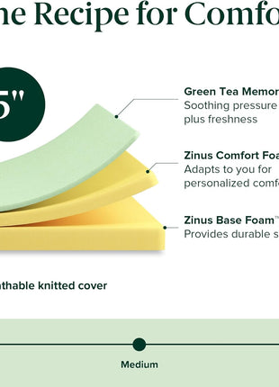 Zinus 5 Inch Twin Green Tea Memory Foam Mattress, Medium Firm Feel | Pressure-Relieving Comfort & Full-Body Support, Naturally Fresh, CertiPUR-US & OEKO-TEX Certified Safe Materials