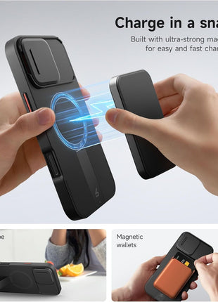 SURITCH for iPhone 16 Pro Max Case with Magnetic Camera Slide Cover and Adjustable Kickstand, Compatible with MagSafe, Shockproof Bumper Case Slim Protective Cover 6.9 Inch, Black