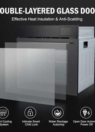 24" Single Wall Oven, 2.5 Cu.ft Built-in Timer-Convection Electric Wall Oven with 8 Baking Modes, 3000W, 240V, Stainless Steel, 3D Surround Heating, Timer, Touch Control, Safety Lock, Black