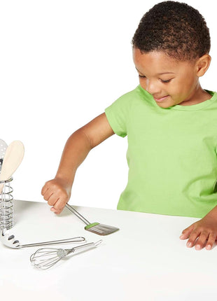 Melissa & Doug Stir & Serve Cooking Utensils (7 pcs) - Stainless Steel & Wooden Play Kitchen Accessories, Preschool Learning Toys for Girls & Boys 3+
