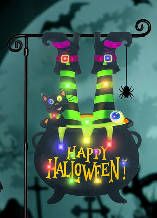 Halloween Lighted Garden Flag for Outside, Led Solar Yard Flag 8 Modes Witch Feet Shape Flag, 12x18 Double Sided Cauldron Eyeball Black Cat Decorations for Home Porch