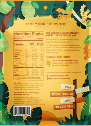 Jack & Friends Jackfruit Jerky Ginger Teriyaki - Plant Based Vegan Jerky Snack, Healthy Meatless Jerky Alternative Made from Jackfruit, 13g Protein, 8g Fiber, Gluten Free, Soy Free, Low Sugar, 2.2 oz (1 Pack)
