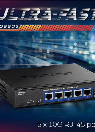 TRENDnet 5-Port 10G Switch, TEG-S750, 5 x 10G RJ-45 Ports, 100Gbps Switching Capacity, Supports 2.5G and 5G-Base-T Connections, Ethernet Splitter, NDAA & TAA Compliant, Lifetime Protection, Black