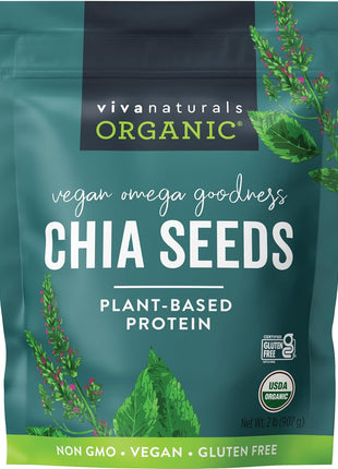 Viva Naturals Organic Chia Seeds, 2 lb, 32 Oz – Plant-Based Omega-3 and Vegan Protein, Gluten Free & Non-GMO, Perfect for Smoothies, Salads & Chia Pudding