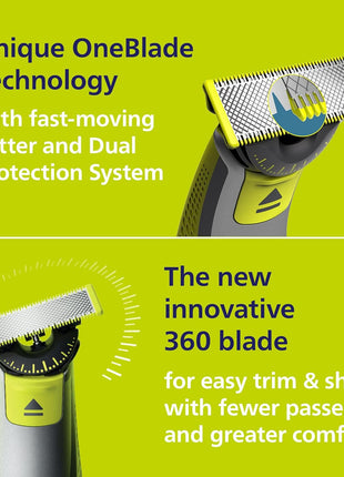 Philips Norelco OneBlade 360 Hybrid Face + Body Trimmer and Shaver | 360 Blade Technology, 100% Showerproof, Stainless Steel Blade Lasts up to 4 months, Body Kit, 60-Min Runtime, QP2834/70