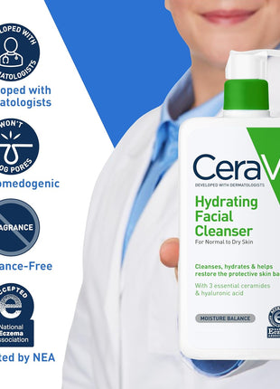CeraVe Hydrating Cleanser with Hyaluronic Acid, Face Wash for Dry Skin,16oz | Skin Care For Men and Women, Daily Cleanser & Makeup Remover with Glycerin & Ceramides, National Eczema Association Certified
