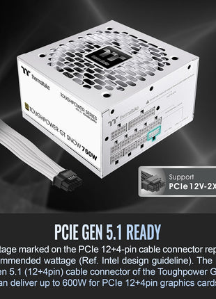 Thermaltake Toughpower GT 750W Snow ATX 3.1 Power Supply; 80 Plus Gold Efficiency; Smart Zero Fan; Native 600W PCIe 5.1 Connector; PS-TPT-0750FNFAGU-W; 5 Year Warranty