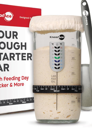 KneadAce Sourdough Starter Jar With Date Marked Feeding Band, Thermometer, Sourdough Jar Scraper, Sourdough Container Sewn Cloth Cover & Metal Lid, Sourdough Starter Kit