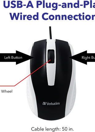 Verbatim Wired USB Computer Mouse - Corded USB Mouse for Laptops and PCs - Right or Left Hand Use, White 99740, 1.4" x 2.4" x 3.9"