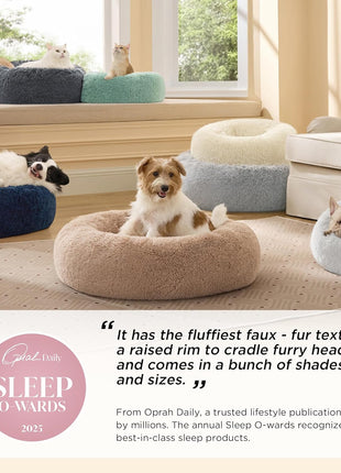 Bedsure Calming Dog Bed Medium Size Dog - Donut Washable Medium Pet Bed, 30 inches Anti-Slip Round Fluffy Plush Faux Fur Cat Bed, Fits up to 45 lbs Pets, Camel