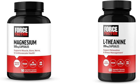Force Factor Magnesium Supplement 500mg 90 Capsules and L Theanine Stress Relief 60 Capsules Bundle