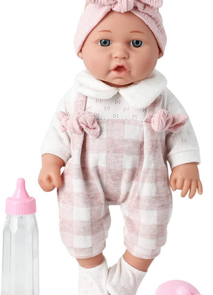 Enjoyin 12'' Baby Doll in Gift Box with Pink Cloths, Pacifier, 13''x13'' Microfabric Blanket, and Feeding Bottle. Gift Idea for Ages 3+