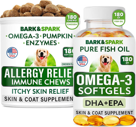 Allergy Relief + Omega 3 Bundle - Anti-Itch Skin + Skin & Coat Support - Omega 3 Fish Oil + EPA & DHA Fatty Acids - Itching & Paw Licking + Joint Health - 180 Chews + 180 ct Softgels - Made in USA