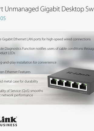 D-Link DGS-105, 5 Port Gigabit Ethernet Switch Unmanaged, Network Splitter, Silent Fanless, Network Hub, Sturdy Metal with Shielded Ports, Desktop/Wall Mount, QoS, Energy Saving, Plug and Play