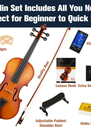 Mendini By Cecilio 1/2 Violin Set For Beginners - Fiddle Solidwood Kit with Hard Case - Acoustic Violin with Bow, Rosin, Tuner, Extra Strings & Bridge, Shoulder Rest and Lesson Book (Satin Antique)
