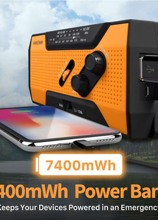 FosPower NOAA Emergency Weather Radio A1 7400mWh Portable Power Bank, AM/FM, USB/Solar/Hand Crank Charging, Battery Operated, SOS Alarm & Flashlight for Indoor/Outdoor Emergency - Orange