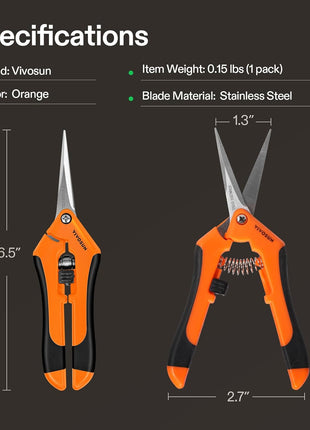 VIVOSUN 6.5 Inch Gardening Scissors Hand Pruner Pruning Shear with Straight Stainless Steel Blades Orange 1-Pack | Straight Precision Stainless Steel Blades, Comfort Ergonomic Grips, Ideal Snip for Deadheading, Trimming & Shaping Plants