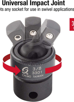 SUNEX TOOLS 3301, 3/8 Inch Drive, Universal Impact Joint, Cr-Mo Alloy Steel, Cr-Mo Steel, Radius Corner Design, Flexible, Meets ANSI Standards