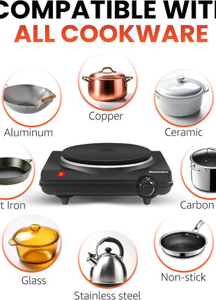 Elite Gourmet ESB 301BF# Countertop Single Cast Iron Burner, 1000 Watts Electric Hot Plate, Temperature Controls, Power Indicator Lights, Easy to Clean, Black