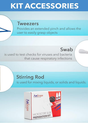 AmScope Microscope Slide Preparation Kit - Includes Blank Microscope Slides, Eosin Red & Methylene Blue Stain Powders, Tweezers, Swab & More - 22-Piece Kit