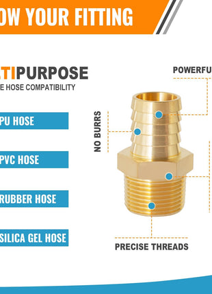 SUNGATOR 3/8'' NPT Brass Hose Barb Fittings, 3/8'' NPT Male Thread to 3/8 Inch Barbed Air Hose Fittings, 3/8 Inch Brass Air Line Repair Connectors for Compressor, Fuel, Oil (2-Pack)
