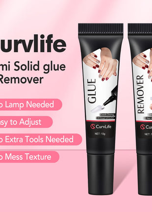 Curvlife Newly Upgraded Quick Drying 10g Semi Solid Nail Glue with 10ml Remover for Press On Nails Tips No Need for UV Lamp Long Lasting Fake Acrylic Nails Kit Glue Gel