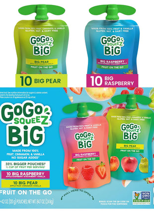 GoGo squeeZ BIG Applesauce & Fruit Puree with Vanilla and Cinnamon Variety Pack, Pear & Raspberry, 4.2 oz. (Pack of 20), Unsweetened Fruit Snacks for Kids, Gluten Free, Nut Free, Dairy Free Pouches