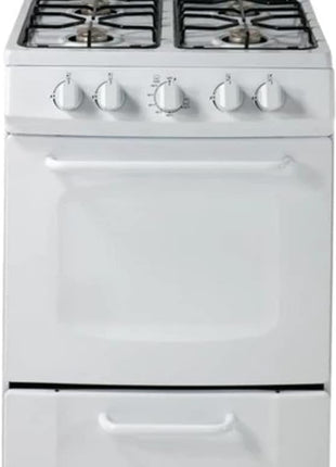 Avanti Gas Range Oven, Compact Freestanding Design, 2.6-Cu.Ft. Capacity 4 Sealed Burners with Electronic Ignition, Includes Broiler Storage Drawer and Accessories, 24-Inch, White