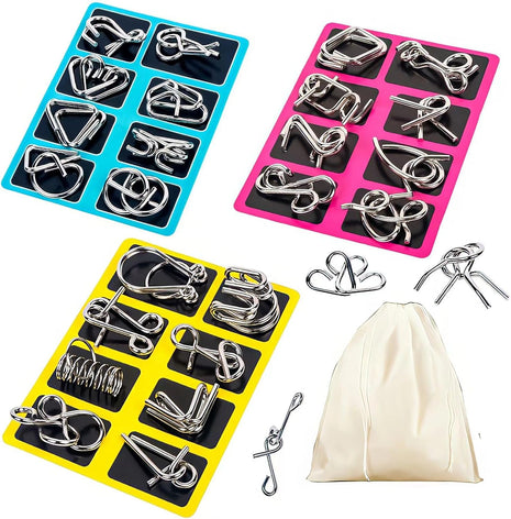 Metal Wire Puzzle Set of 24 with Pouch | Brain Teaser IQ Test Disentanglement Iron Link Unlock Interlock Game Party Favor Kids Adults Challen
