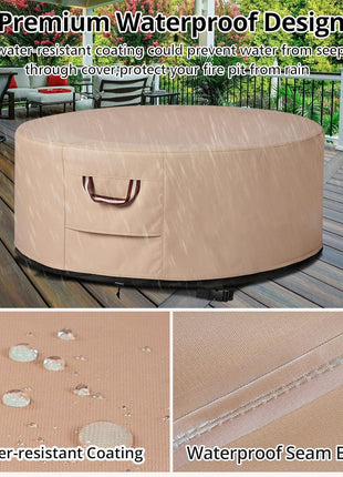 QH.HOME Fire Pit Cover Round-45-48 Inch Heavy Duty 900D Strong Tear-Resistant and UV Resistant and Waterproof and Fading Resistant Material Polyester Firepit Covers Round for Outdoor Fire Pit-Wheat