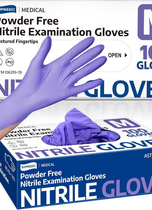 Supmedic Nitrile Exam Gloves, 3.5 Mil Powder-Free Food Safe Cleaning Chemo Rated Disposable Medical Glove, Violet Blue 100 Pcs (Medium)