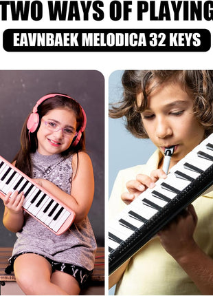 Eavnbaek 32 Keys Melodica Instrument, Soprano Melodica Air Piano Keyboard Pianica with 2 Soft Long Tubes, 2 Short Mouthpieces and Carrying Bag (Black)