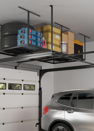 FLEXIMOUNTS 4x8 Overhead Garage Storage Rack, Adjustable Organization System, Heavy-Duty Metal Ceiling Racks, 750lbs Weight Capacity, Black, Classic Series