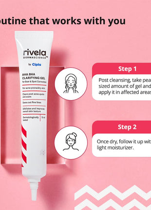 Rivela Dermascience AHA BHA Scar and Spot Correction Gel By Cipla | Clarifying Gel For Acne Prone Skin | Clears Post Acne Spots and Scars | Evens Out Fine Lines | 15 ml | Pack of 1