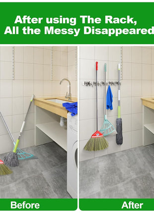 voze 5 Racks and 4 Hooks Mop and Broom Holder Wall Mount, Self Adhesive Heavy Duty Broom Hanger Organizer Storage Tool Racks for Kitchen Garden Laundry Garage