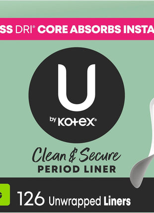 U by Kotex Panty Liners, Clean & Secure, Light Absorbency, Long Length, 126 Count (Packaging May Vary)